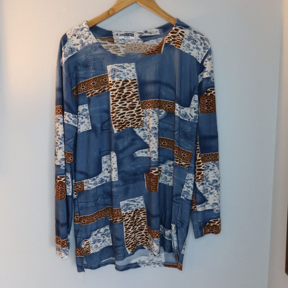 Sun Shine Long Sleeve Tunic Top Womens Blue Geometric Crew Neck Viscose Viscosa